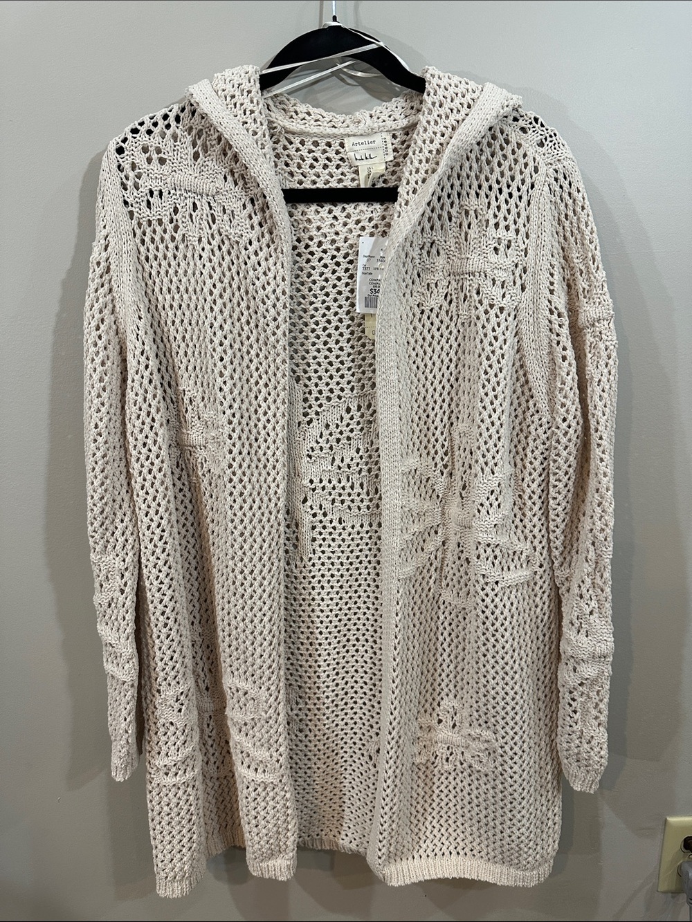 NWT Nicole Miller Open-Knit Hooded Cardigan - Cream